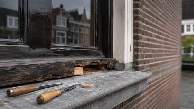 Houtrot in de onderdorpel van een oud kozijn, met beitels en vulmiddel klaar voor reparatie